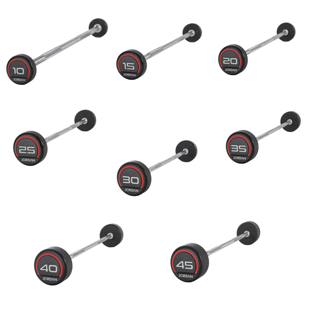Jordan Fitness Rubber Barbells Straight Bar - Red - 10kg to 45kg 5kg increments 8 Bars