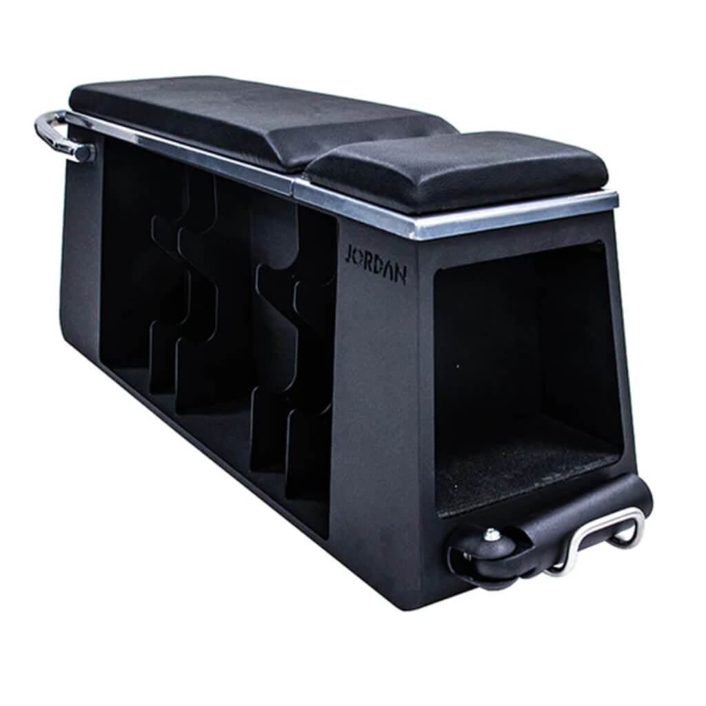 Jordan Fusion HIIT Bench. A space-saving workout bench that can hold all the essential cardio and strength training equipment.