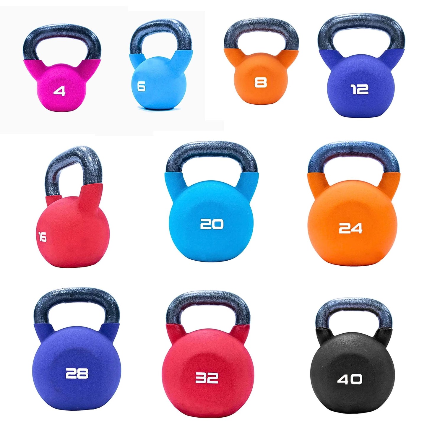Jordan Fitness Neoprene Covered Kettlebell set of 10 including 4kg, 8kg, 12kg, 16,kg, 20kg, 24kg, 28kg, 32kg, 40kg