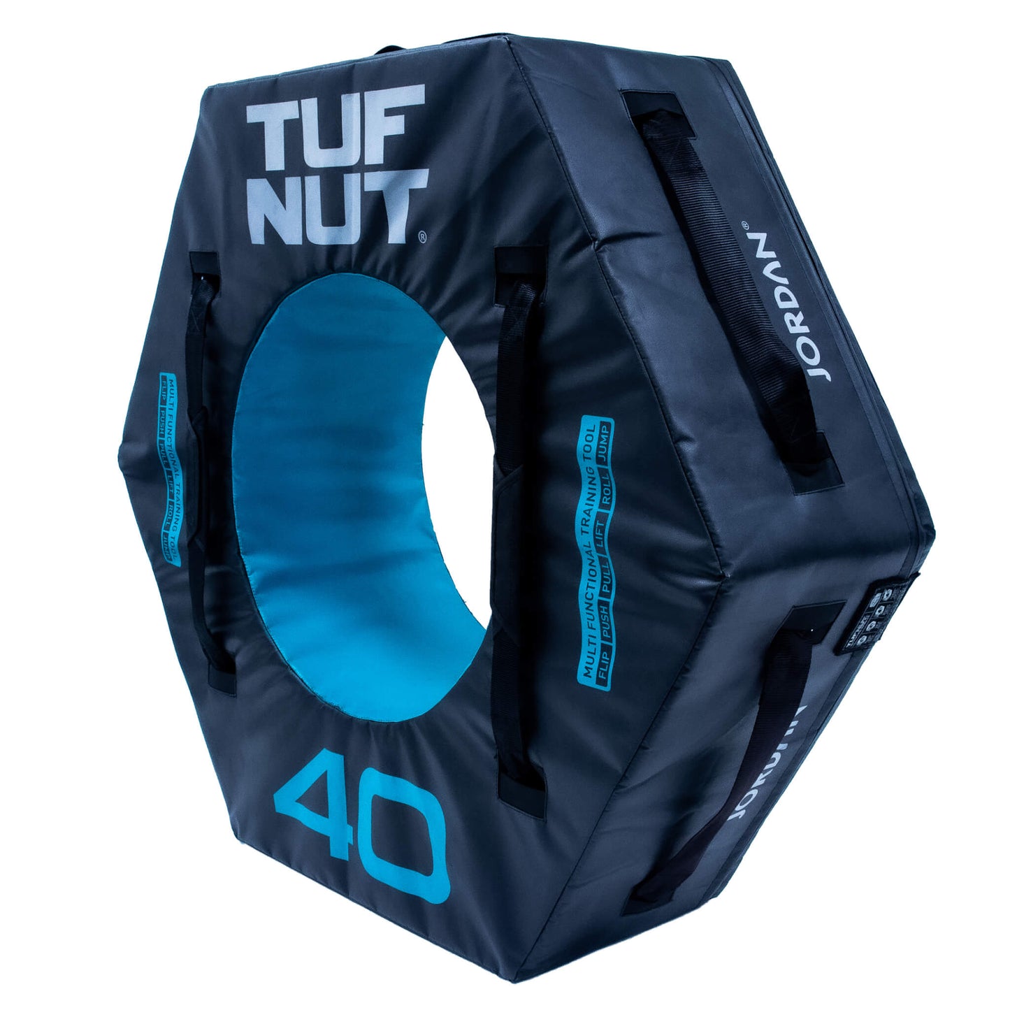 Jordan Fitness TufNut 40kg Teal  TufNut’s hexagonal design provides complete control and offers a variety of workout challenges. It can be used for jumping, flipping, rolling, lifting, pushing, pulling, and walking. angle view