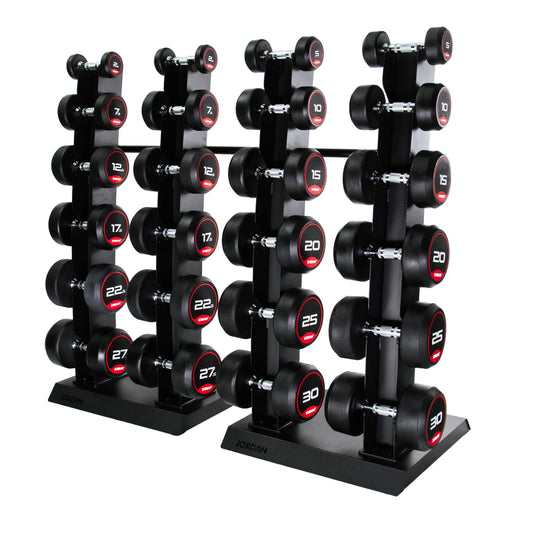 12 Pair Vertical Dumbbell Rack 2.5kg-30kg - Black Rubber Dumbbells on show