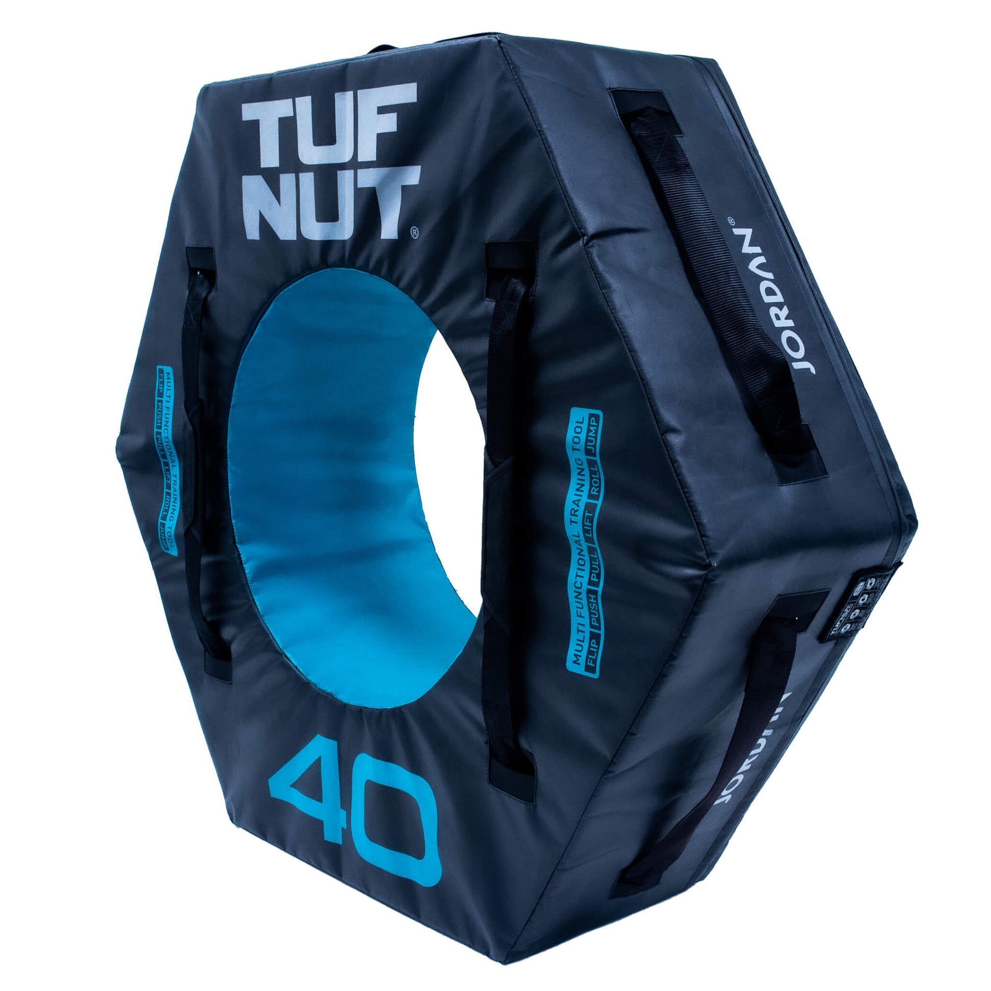 Jordan Fitness TufNut 40kg Teal  TufNut’s hexagonal design provides complete control and offers a variety of workout challenges. It can be used for jumping, flipping, rolling, lifting, pushing, pulling, and walking. angle view