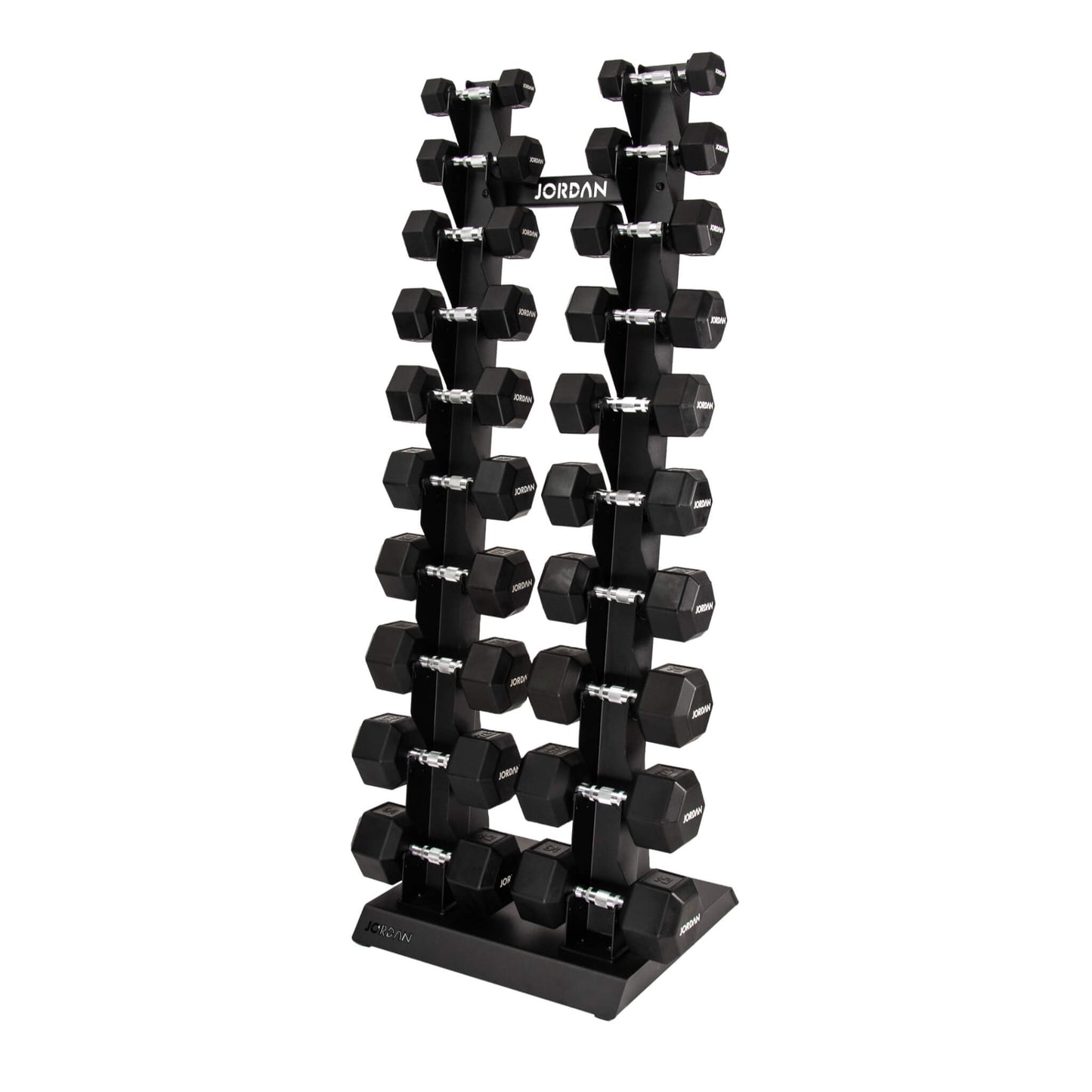 10 Pair Vertical Dumbbell Rack 2kg-20kg - Black Hex dumbbells on show
