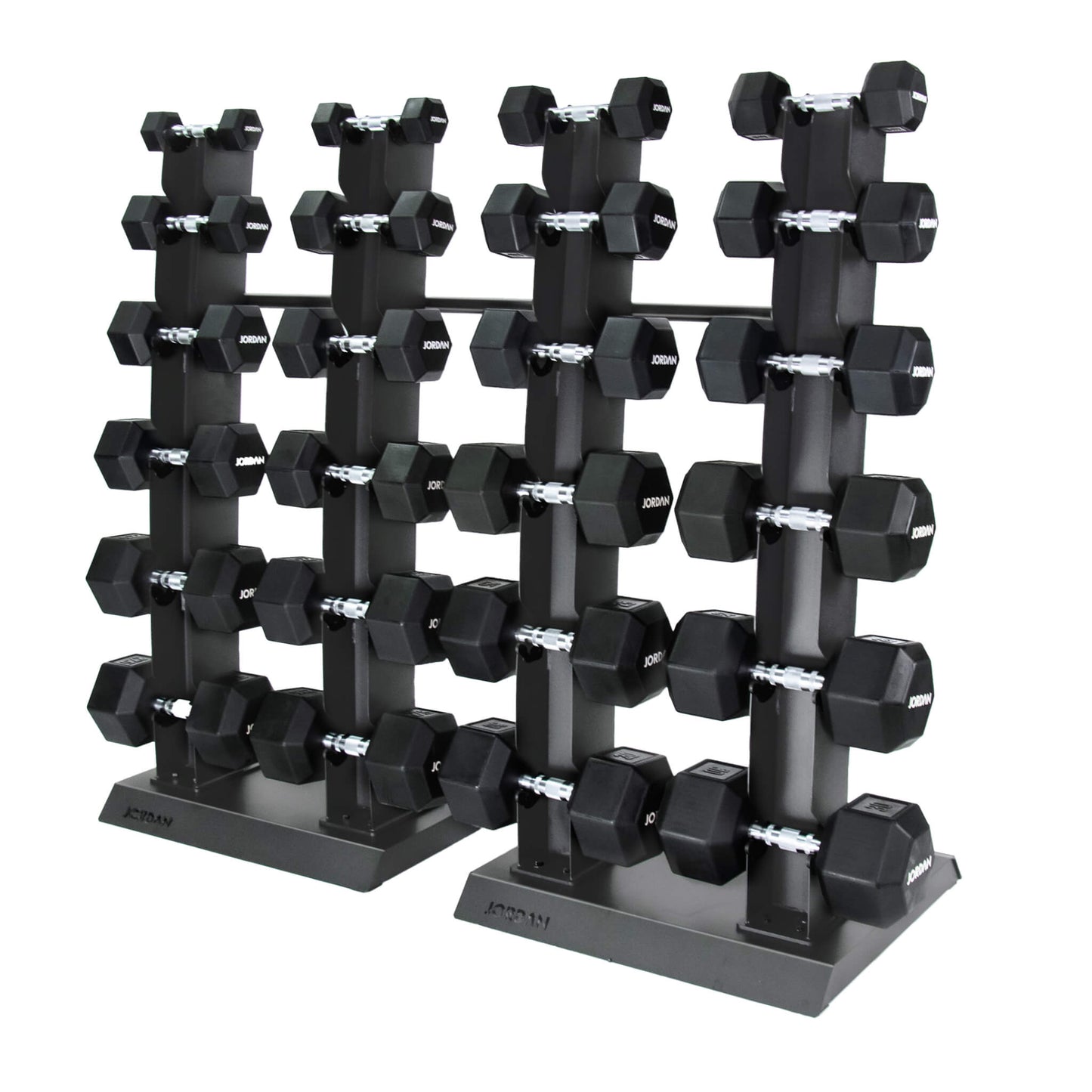 12 Pair Vertical Dumbbell Rack 2.5kg-30kg - Grey Hex Urethane Dumbbells on show