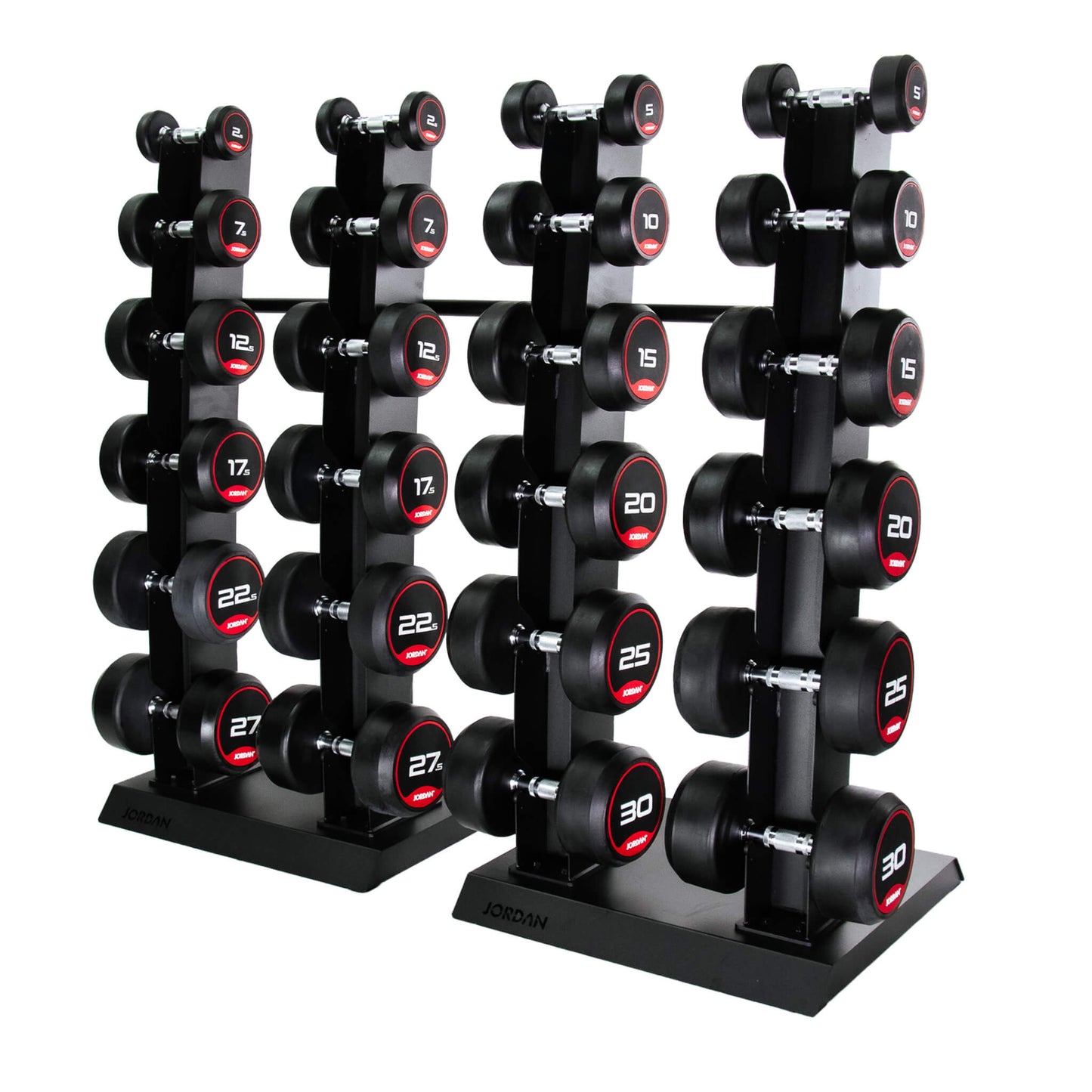 12 Pair Vertical Dumbbell Rack 2.5kg-30kg - Black Rubber Dumbbells on show